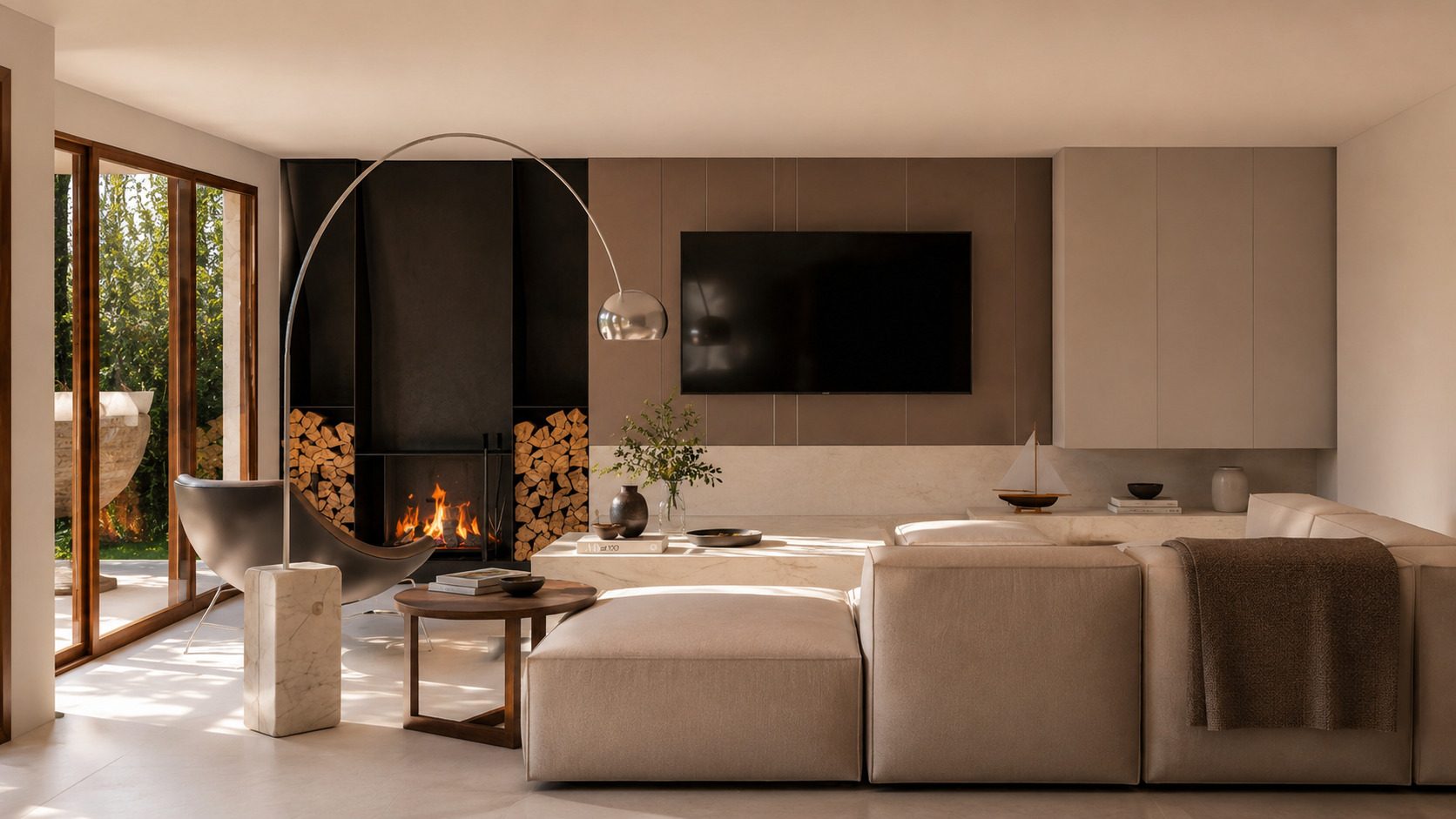 Casa Parral — Living con el hogar encendido